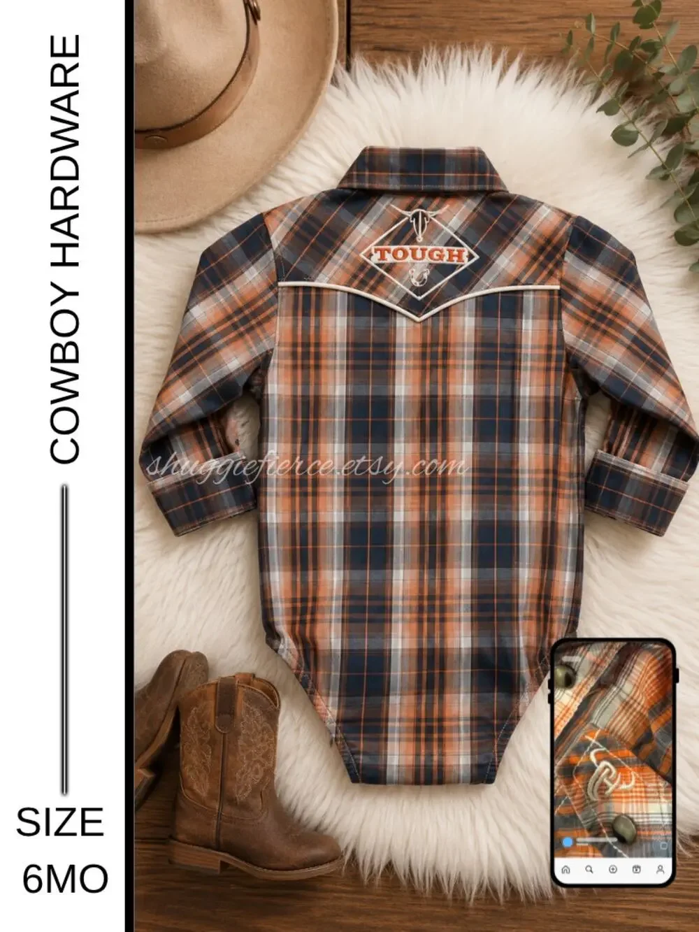 MSRP: $34 ✨ Cowboy Hardware Western Plaid Snap Bodysuit | 6 Months✨SAME DAY SHIP